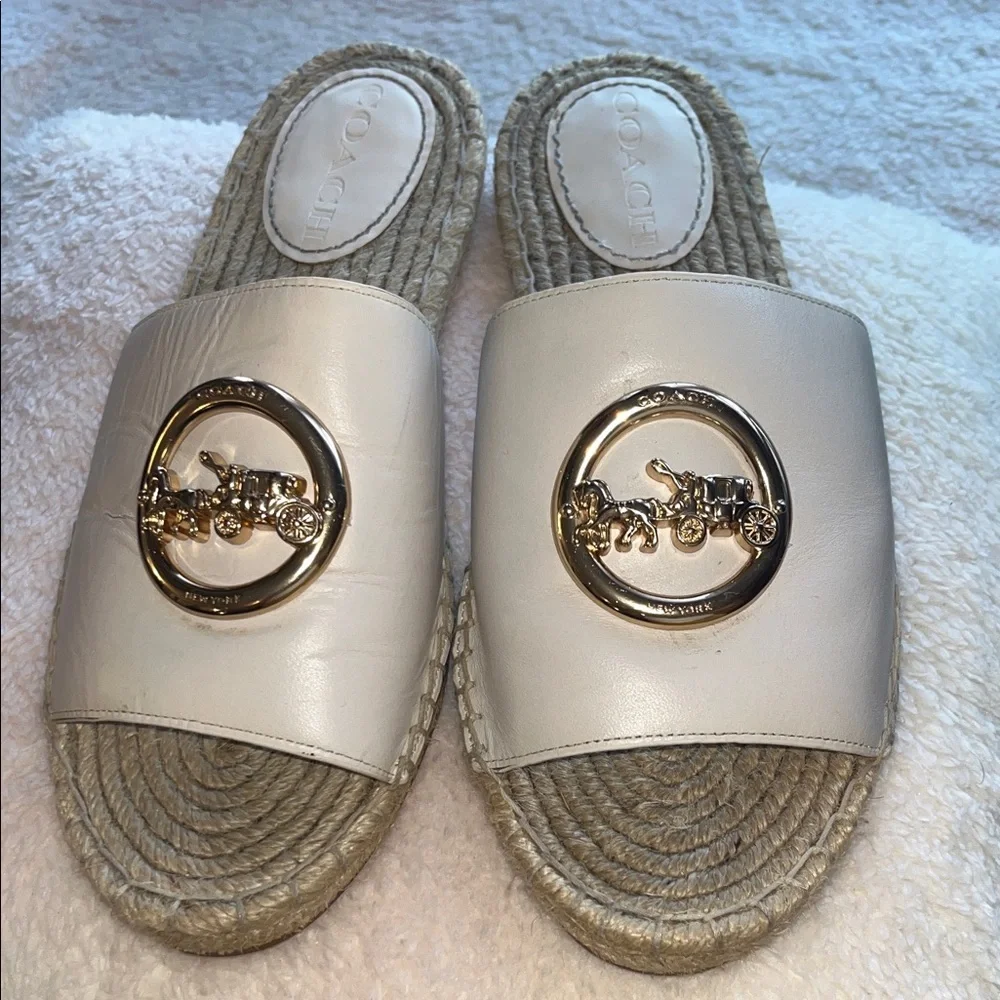 Coach Women's Cream Espadrille Slides with Gold Accent